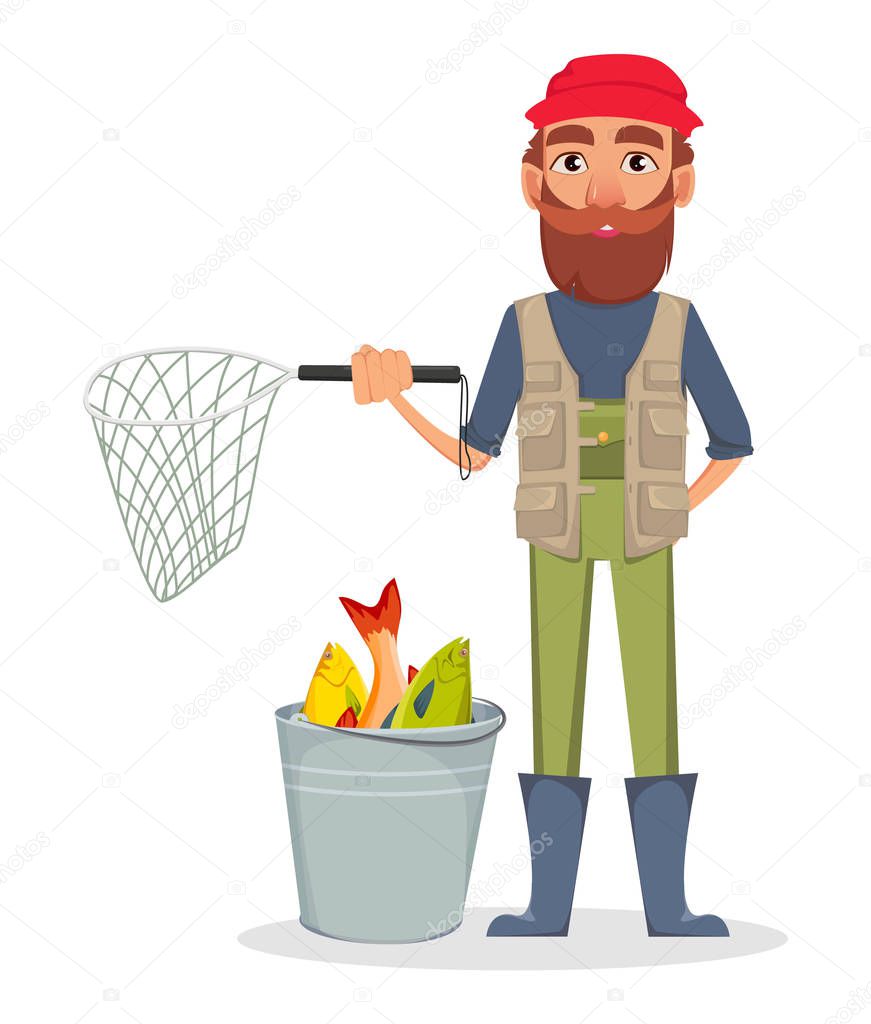Fisher cartoon character. Fishermen holding nettle and standing near bucket full of fish. Vector illustration on white background