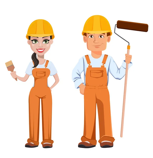 漫画のキャラクターの制服のビルダーの男女 プロの建設労働者 ペイント ローラーの修理 ペイント ブラシを持つ女性の笑みを浮かべてください ベクトル図 — ストックベクタ