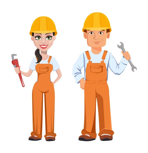 Bauarbeiter Mann Und Frau Uniform Zeichentrickfiguren Professionelle Bauarbeiter Lächelnder Reparateur — Stockvektor