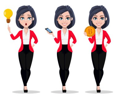 İş kadını, Yöneticisi, bankacı, üç pozlar kümesi. İş takım elbiseli güzel bankacı. İyi bir fikir, Smartphone holding ve bitcoin holding sahip karakter karikatür. Vektör çizim