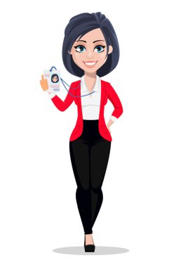 İş kadını, Yöneticisi, bankacı. İş takım elbiseli güzel kadın bankacı. Güzel çizgi film karakteri gösteren rozeti. Beyaz arka plan üzerinde vektör çizim