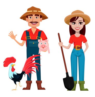 Çiftçiler, erkek ve kadın, çizgi film karakterleri, ayarlayın. Güzel Bayan bahçıvanla kürek ve çiftlik hayvanları ile yakışıklı bahçıvan. Vektör çizim.
