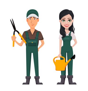 Bahçıvanlar, erkek ve kadın, çizgi film karakterleri, ayarlayın. Secateurs ve sulama olabilir bayanla güzel çiftçi ile yakışıklı bir çiftçi. Vektör çizim.