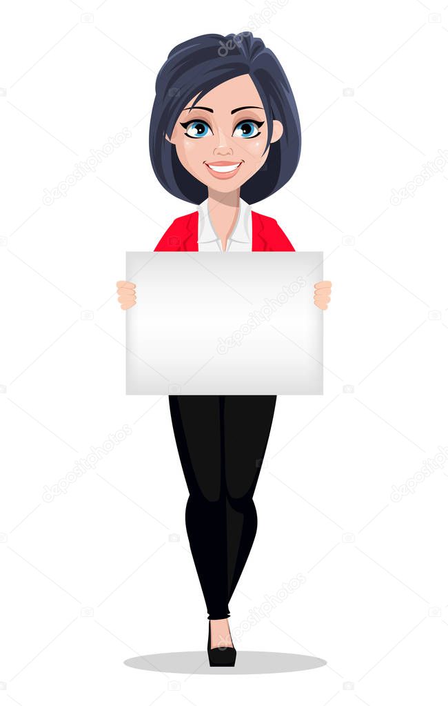 Business woman, manager, banker. Beautiful female banker in business suit. Pretty cartoon character holding blank placard. Vector illustration on white background