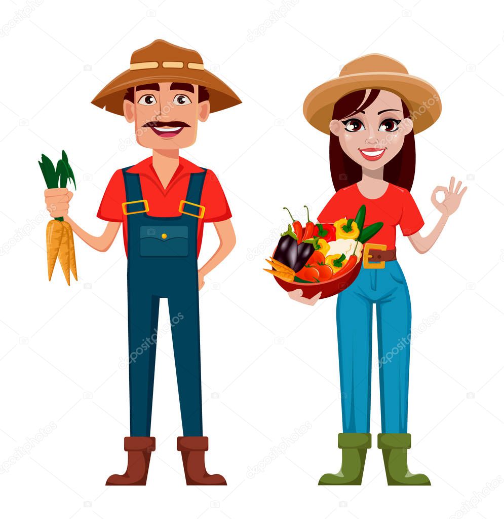 Farmers, man and woman, cartoon characters, set. Beautiful lady gardener with basket full of vegetables and handsome gardener with carrots. Vector illustration.