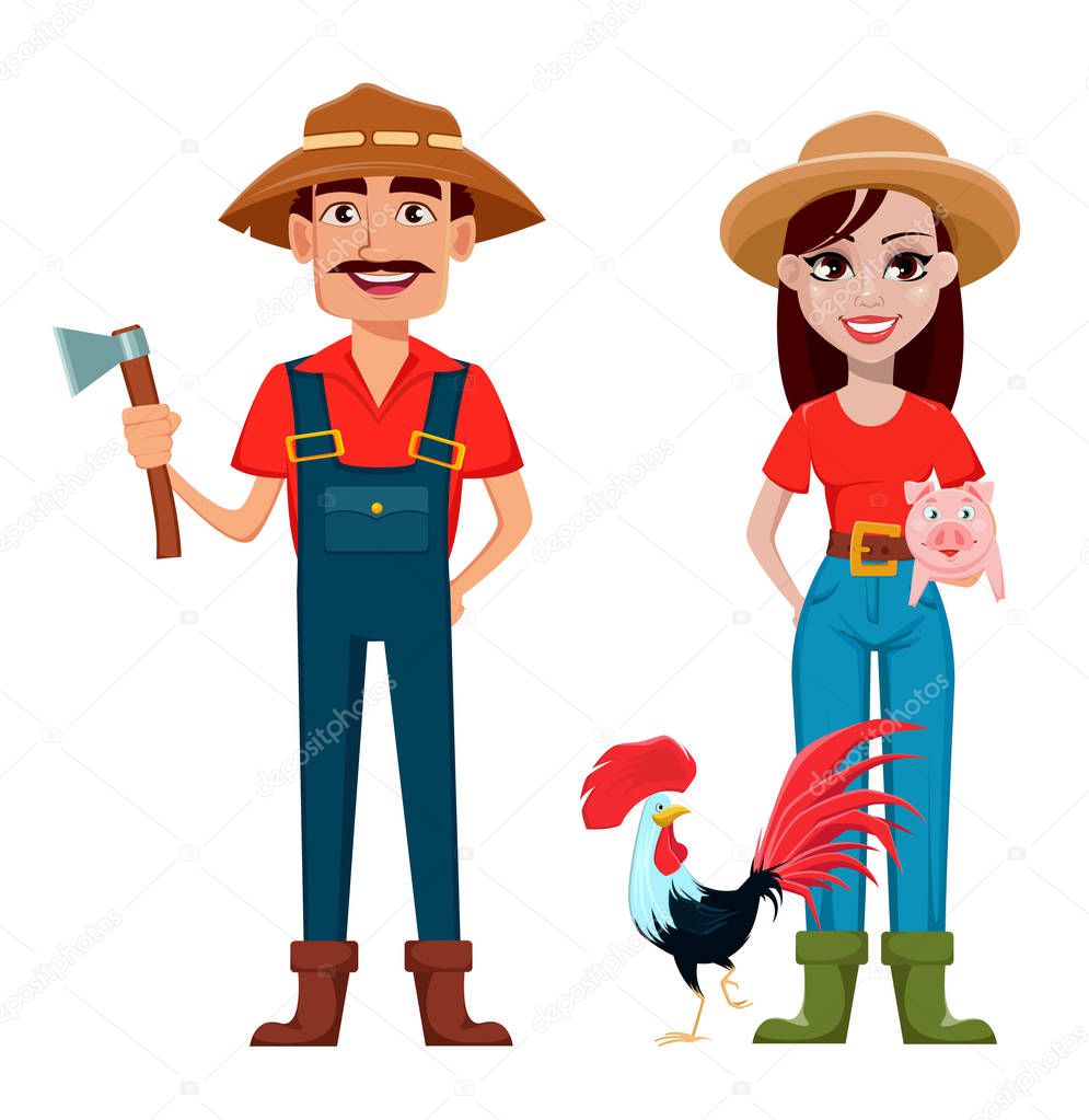 Farmers, man and woman, cartoon characters, set. Beautiful lady gardener with farm animals and handsome gardener with axe. Vector illustration.