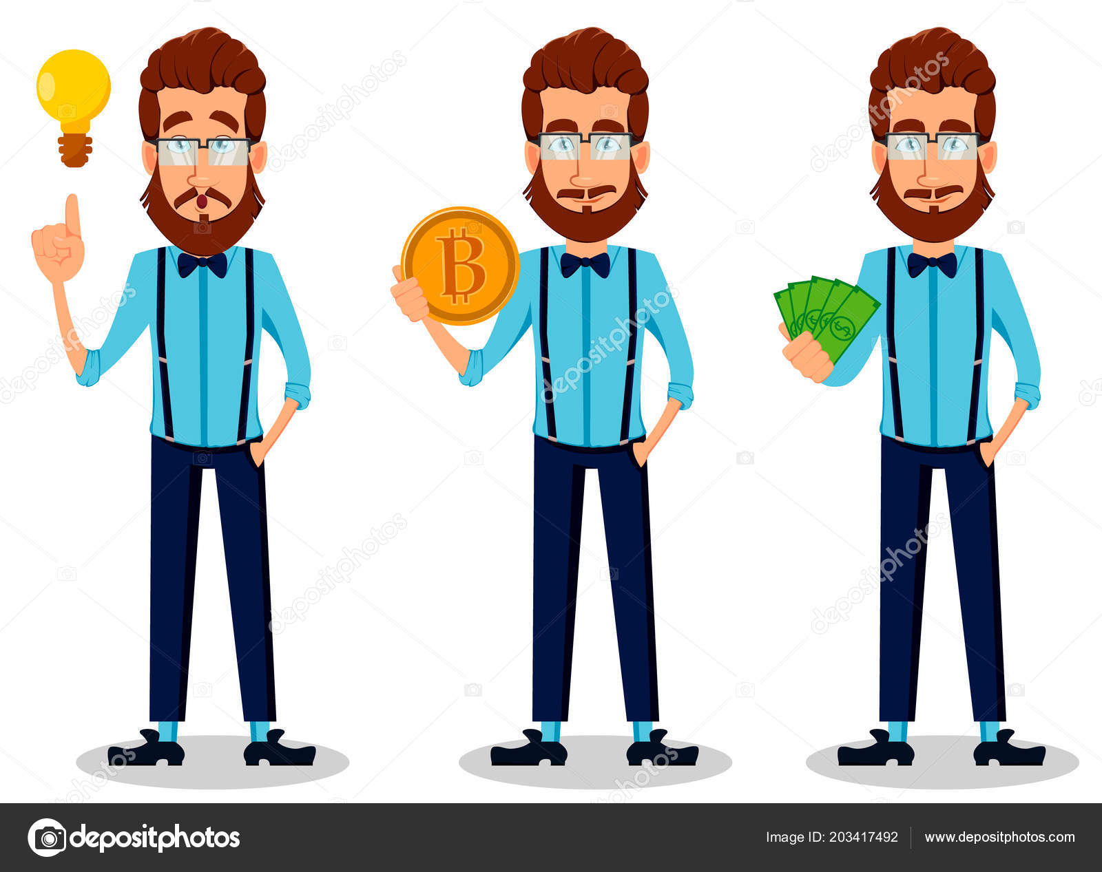 若い髭メガネ つのポーズの設定で流行に敏感な人 お金の良いアイデアを持つ Bitcoin を押し押しのハンサムな漫画のキャラクター ベクトル図 ストックベクター C Vectorkif