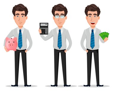 İş adamı office tarzı giysiler içinde üç pozlar ayarlayın. İşadamı, bankacı, Yöneticisi, çizgi film karakteri holding piggy banka, holding hesap makinesi ve holding para. Vektör çizim