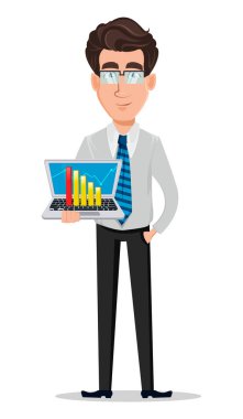 İş adamı office tarzı giysiler içinde. İşadamı, bankacı, Yöneticisi, çizgi film karakteri holding dizüstü grafik ile. Vektör çizim