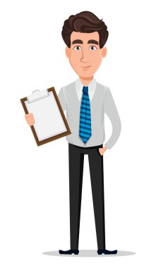 İş adamı office tarzı giysiler içinde. İşadamı, bankacı, Yöneticisi, çizgi film karakteri holding Pano. Vektör çizim