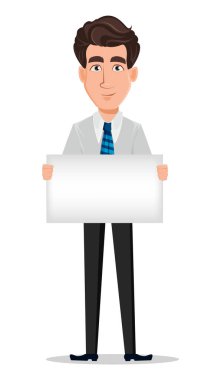 İş adamı office tarzı giysiler içinde. İşadamı, bankacı, Yöneticisi, çizgi film karakteri holding boş tasarlamak. Vektör çizim