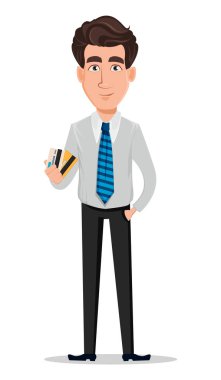 İş adamı office tarzı giysiler içinde. İşadamı, bankacı, Yöneticisi, kredi kartları tutan çizgi film karakteri. Vektör çizim