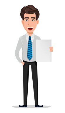 İş adamı office tarzı giysiler içinde. İşadamı, bankacı, Yöneticisi, çizgi film karakteri holding boş tasarlamak. Vektör çizim