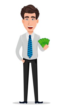 İş adamı office tarzı giysiler içinde. İşadamı, bankacı, Yöneticisi, para tutan çizgi film karakteri. Vektör çizim