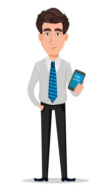 İş adamı office tarzı giysiler içinde. İşadamı, bankacı, Yöneticisi, çizgi film karakteri holding smartphone. Vektör çizim