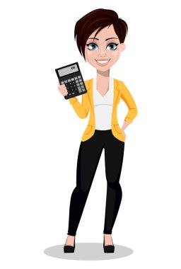 İş kadını, serbest meslek, bankacı. Rahat kıyafetler hesap makinesi tutan güzel bayan. Beyaz arka plan üzerinde vektör çizim.