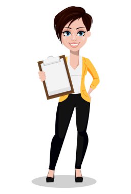 İş kadını, serbest meslek, bankacı. Rahat kıyafetler Pano tutan güzel bayan. Beyaz arka plan üzerinde vektör çizim.