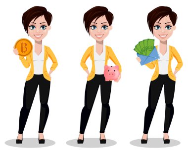 İş kadını, serbest meslek, bankacı, üç pozlar kümesi. Rahat kıyafetler bitcoin, holding piggy banka ve holding zarf para ile tutan güzel bayan. Beyaz arka plan üzerinde vektör çizim.