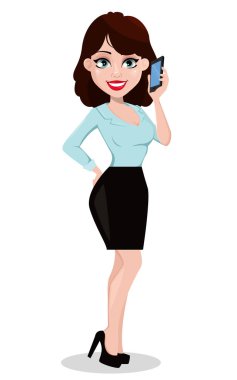 İş kadını ile bir smartphone. Güzel işkadını office tarzı giysiler içinde. Neşeli çizgi film karakteri. Vektör çizim.