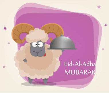 Festival Kurban Bayramı. Geleneksel muslin tatil. Komik ram Restoran cloche holding ile tebrik kartı. Menekşe arka plan üzerinde vektör çizim.