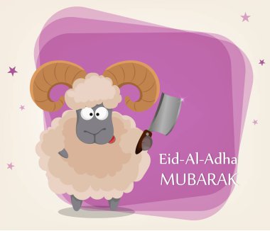 Festival Kurban Bayramı. Geleneksel muslin tatil. Komik ram cleaver holding ile tebrik kartı. Menekşe arka plan üzerinde vektör çizim.