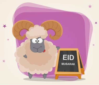 Festival Kurban Bayramı. Geleneksel muslin tatil. Komik ram ayakta afiş yakınındaki ile tebrik kartı. Menekşe arka plan üzerinde vektör çizim.