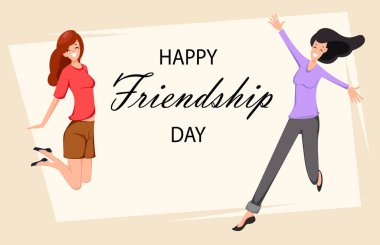 Mutlu dostluk günü tebrik kartı, posteri veya başlığı. İki neşeli arkadaşları yüksek, çizgi film karakterleri tatil için atlama. Renkli vektör çizim