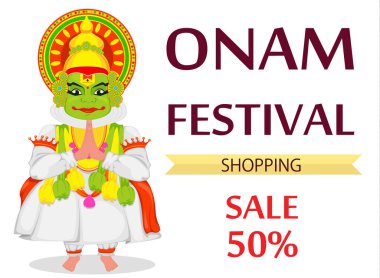 Kathakali dansçı. Mutlu Onam Festivali Güney Hindistan Kerala. Satılık, afiş veya reklam beyaz arka plan üzerinde renkli vektör çizim