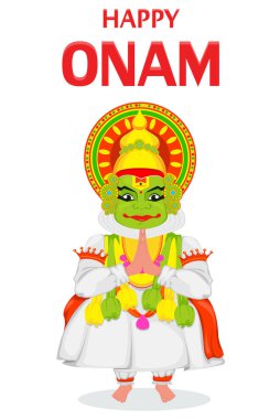 Kathakali dansçı. Mutlu Onam Festivali Güney Hindistan Kerala. Beyaz arka plan üzerinde vektör çizim
