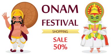 Kathakali dansçı ve Kral Mahabali. Mutlu Onam Festivali Güney Hindistan Kerala. Vektör çizim satış, reklam beyaz arka plan üzerinde