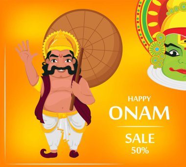 Kathakali dansçı ve Kral Mahabali. Mutlu Onam Festivali Güney Hindistan Kerala. Vektör çizim satış, reklam turuncu zemin üzerine
