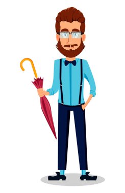 Hipster adam gözlüklü Genç sakallı. Yakışıklı çizgi film karakteri holding şemsiyesi. Beyaz arka plan üzerinde vektör çizim.