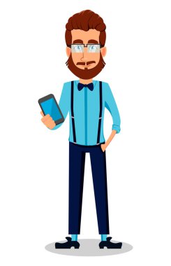 Hipster adam gözlüklü Genç sakallı. Yakışıklı çizgi film karakteri holding smartphone. Beyaz arka plan üzerinde vektör çizim.