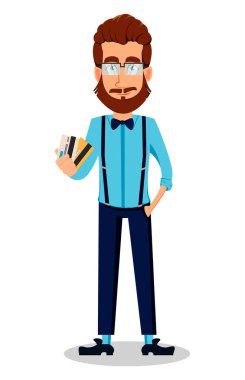 Hipster adam gözlüklü Genç sakallı. Kredi kartları tutmak yakışıklı çizgi film karakteri. Beyaz arka plan üzerinde vektör çizim.