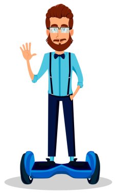 Hipster adam gözlüklü Genç sakallı. Bir gyroscooter sürme yakışıklı çizgi film karakteri. Beyaz arka plan üzerinde vektör çizim.