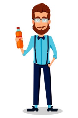 Hipster adam gözlüklü Genç sakallı. Taze içki bir şişe tutan yakışıklı çizgi film karakteri. Beyaz arka plan üzerinde vektör çizim.