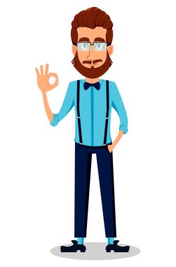 Hipster adam gözlüklü Genç sakallı. Ok işaret gösteren yakışıklı çizgi film karakteri. Beyaz arka plan üzerinde vektör çizim.