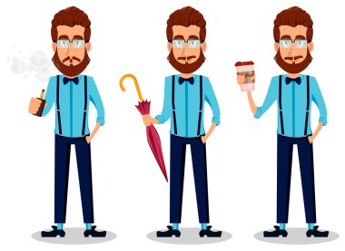 Genç hipster adam gözlüklü üç pozlar ayarla, sakallı. Şemsiye tutan ve kahve tutan yakışıklı çizgi film karakteri elektronik sigara içilmeyen. Vektör çizim