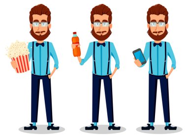 Genç hipster adam gözlüklü üç pozlar ayarla, sakallı. Patlamış mısır holding, taze içki holding ve akıllı telefon tutarak yakışıklı çizgi film karakteri. Vektör çizim