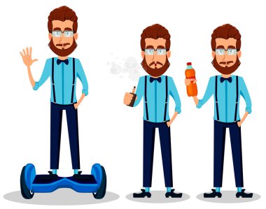 Genç hipster adam gözlüklü üç pozlar ayarla, sakallı. Bir gyroscooter sürme, elektronik sigara ve içki bir şişe tutan yakışıklı çizgi film karakteri. Vektör çizim
