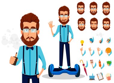 Genç Gözlük, vücut parçaları, duygular ve şeylerin paketi hipster erkekte sakallı. Senin kişisel çizgi film karakteri inşa etmek. Vektör çizim