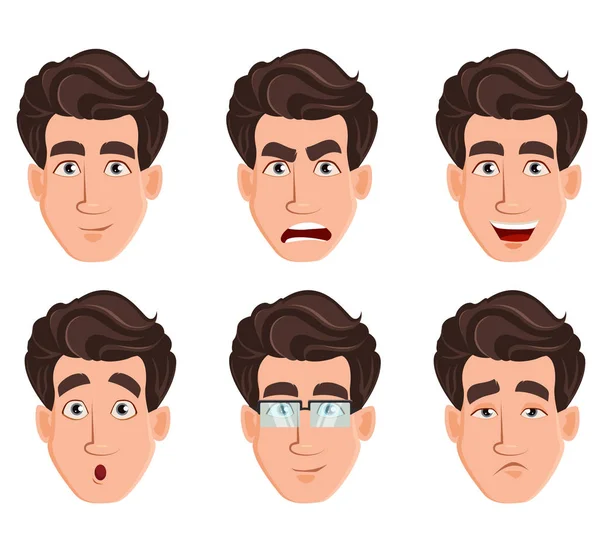 Gesichtsausdruck Eines Gutaussehenden Geschäftsmannes Unterschiedliche Männliche Emotionen Setzen Zeichentrickfigur Emotionen — Stockvektor