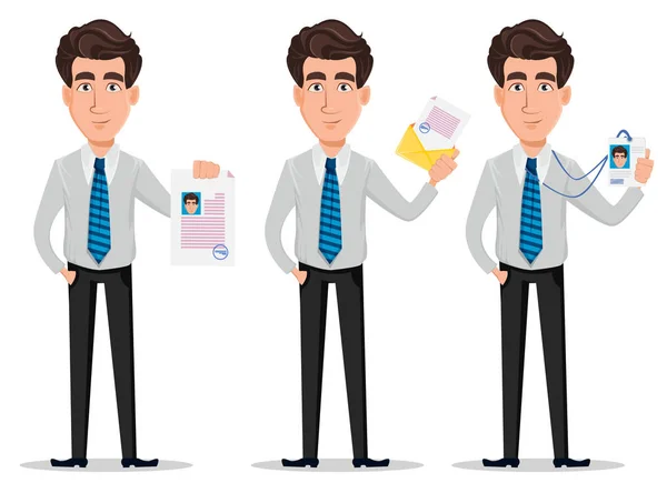 Hombre Negocios Con Ropa Oficina Conjunto Tres Poses Empresario Banquero — Vector de stock