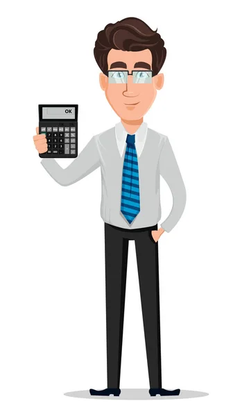 商务男士的办公风格的衣服 银行家 卡通人物持有计算器 矢量插图 — 图库矢量图片