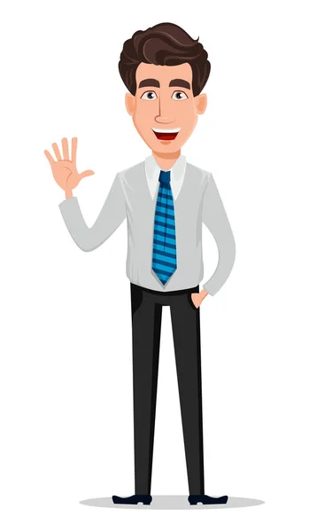 商务男士的办公风格的衣服 银行家 卡通人物挥舞着手 矢量插图 — 图库矢量图片