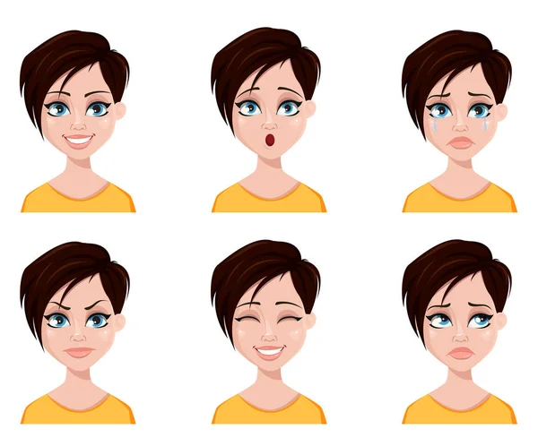 Face Expressions Woman Fashionable Hairstyle Different Female Emotions Set Beautiful — Stock Vector