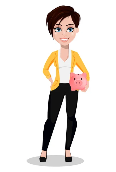 Business Woman Freelancer Banker Beautiful Lady Casual Clothes Holding Piggy — Stock Vector