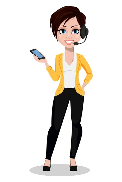 Business Woman Freelancer Banker Beautiful Lady Casual Clothes Holding Smartphone — Stock Vector