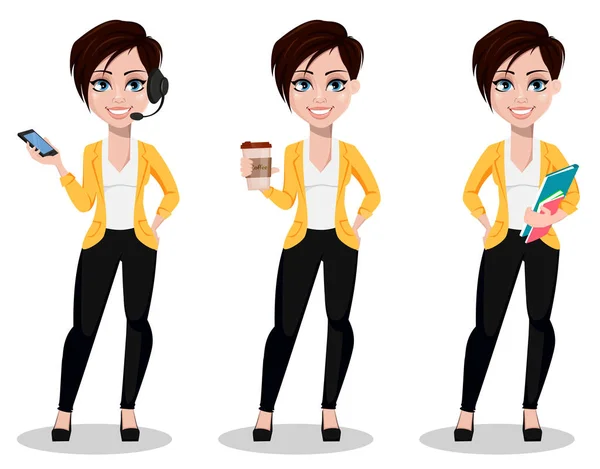 Mujer Negocios Freelancer Banquero Conjunto Tres Poses Hermosa Dama Ropa — Vector de stock