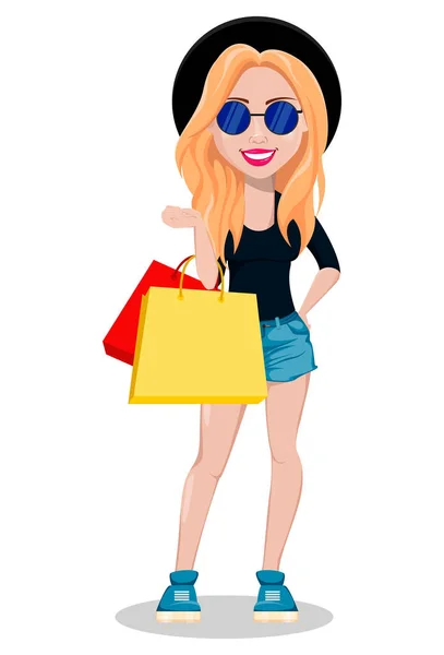 Mujer Hipster Hermosa Jovencita Señorita Moderna Sosteniendo Bolsas Papel Ilustración — Vector de stock